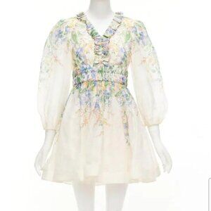 NWOT,Zimmermann White Smocked Mini Dress with Bishop Sleeves